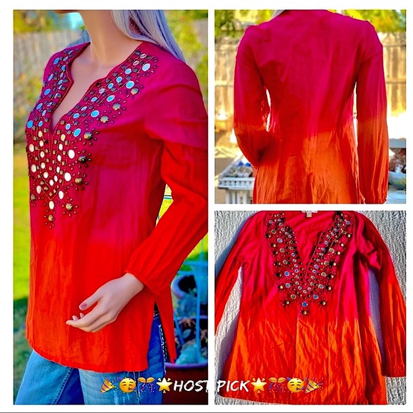 🎉HP MICHAEL KORS Retro Tie-die Ombré BoHo Gypsie Chic Beaded Mirrored Blouse - Picture 13 of 15